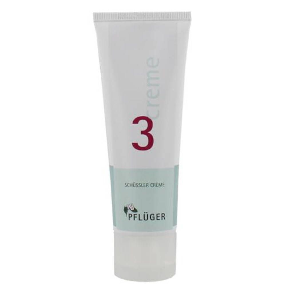 Tube de crème blanche, turquoise et rouge. Numéro "3" et "Schüssler Creme". Marque Pflüger. Inscription "Creme".