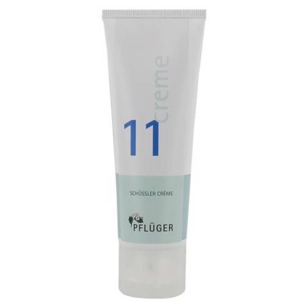 Tube de crème avec "11" bleu. Inscription "Schüssler Crème" et "Pflüger".