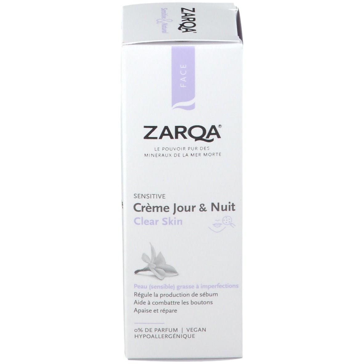 Witte productverpakking met ZARQA-logo en 'Crème Jour & Nuit Clear Skin'.