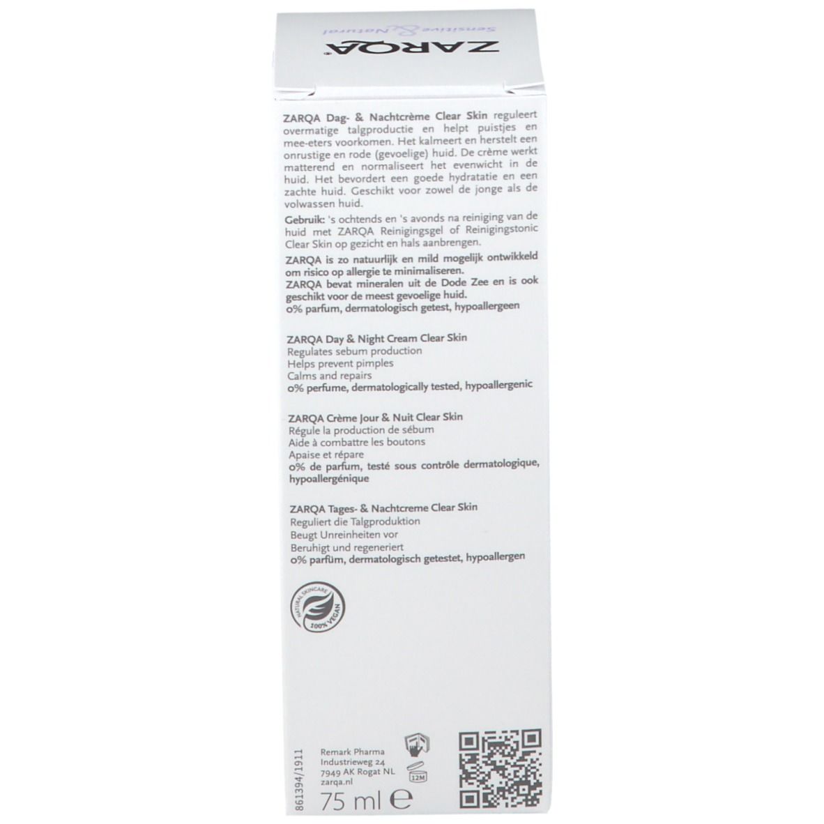 Achterkant van de productverpakking met tekst. Bevat informatie over 'ZARQA Crème Jour & Nuit Clear Skin'.
