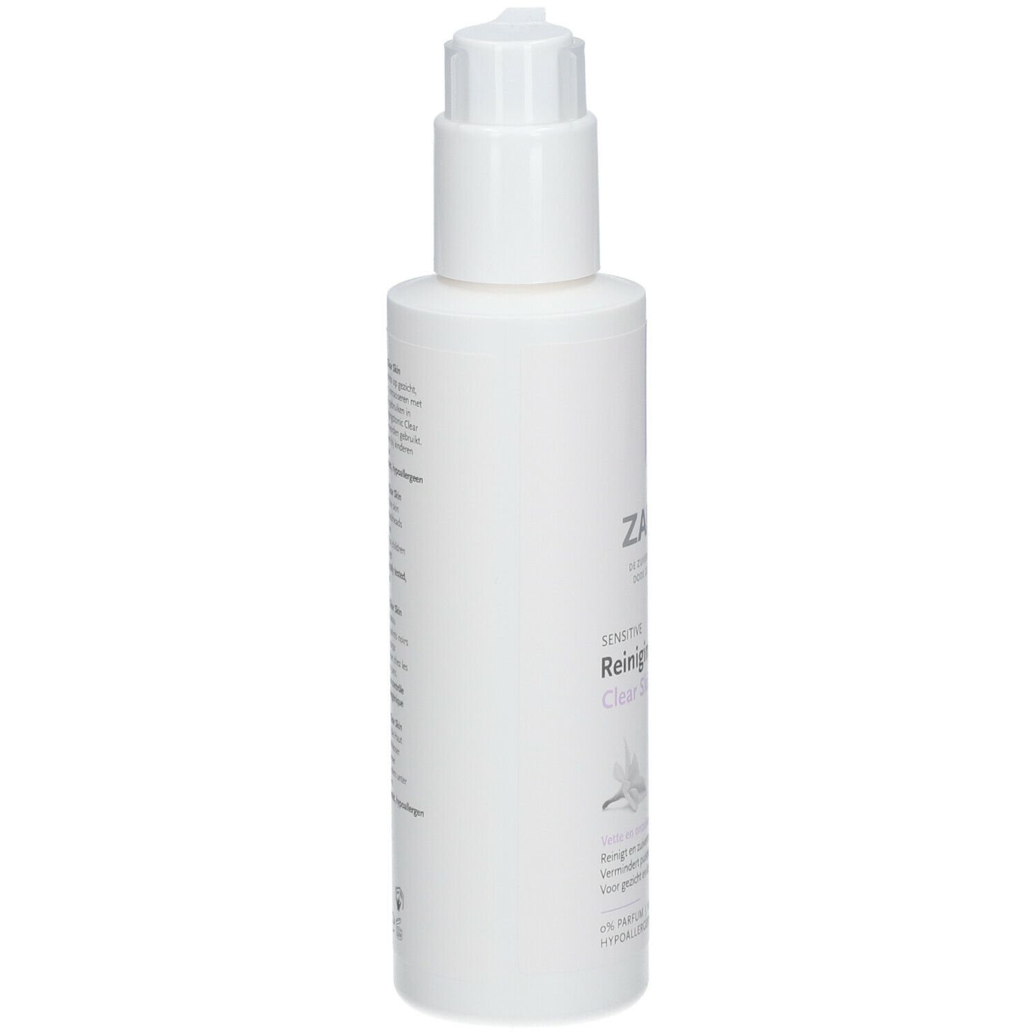 ZARQA Clear Skin Reinigungsgel, witte fles met pomp. Achterkant met tekst.