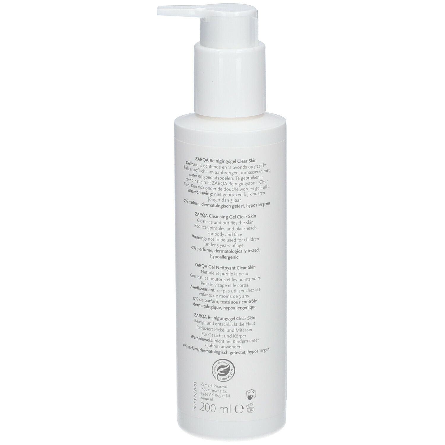 ZARQA Clear Skin Reinigungsgel, witte fles met pomp. Achterkant met tekst en logo.