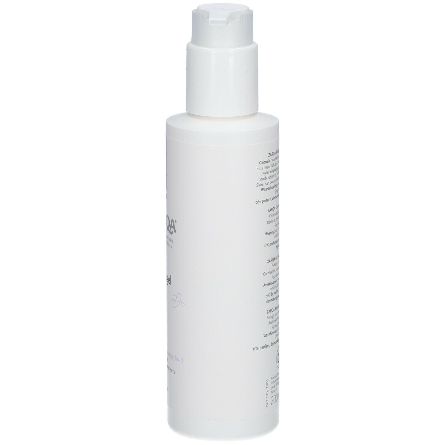 ZARQA Clear Skin Reinigungsgel, witte fles met pomp. Zijaanzicht met tekst.