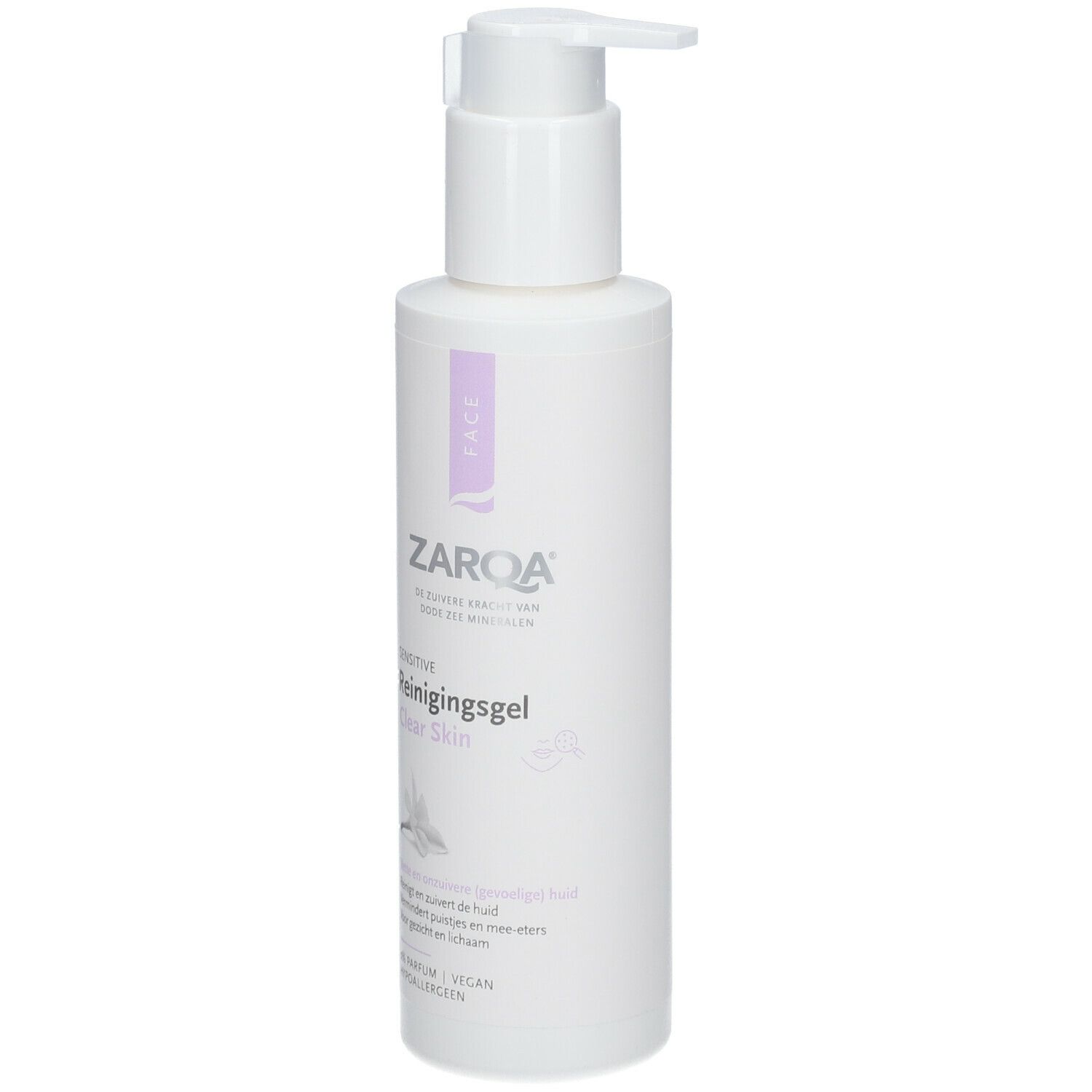 ZARQA Clear Skin Reinigungsgel, witte fles met pomp. Productnaam en logo op de voorkant.