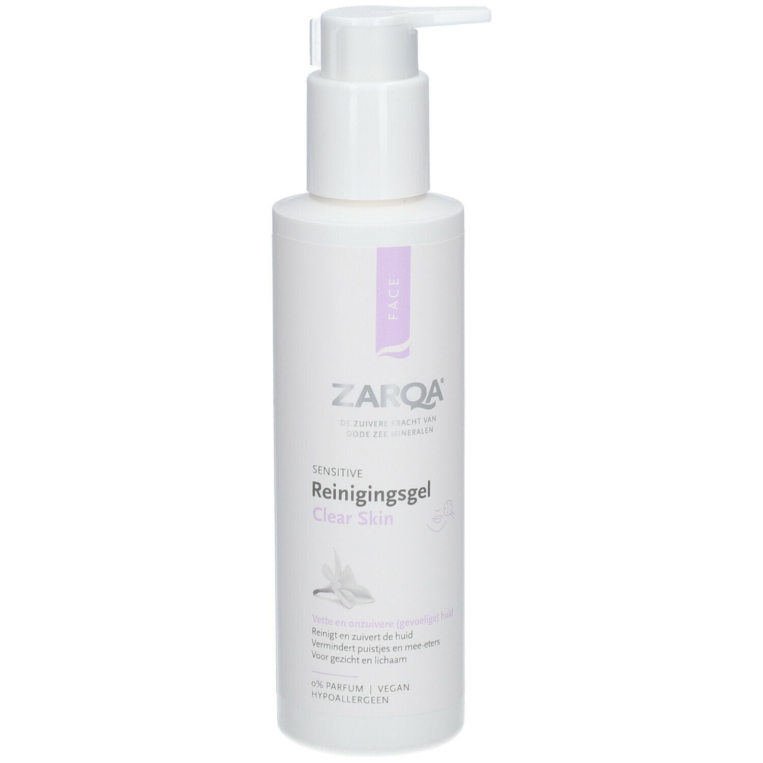 ZARQA Clear Skin Reinigungsgel, witte fles met pomp. Productnaam en logo op de voorkant.
