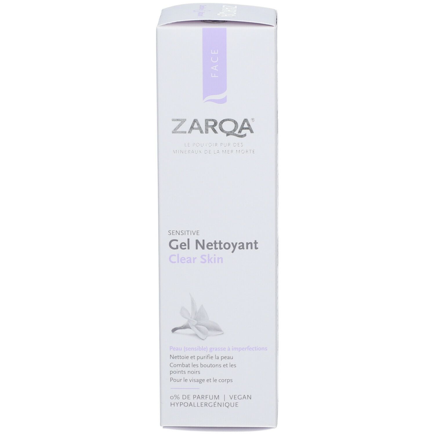ZARQA Clear Skin Reinigungsgel, verpakking. Witte kartonnen verpakking met productnaam en logo.