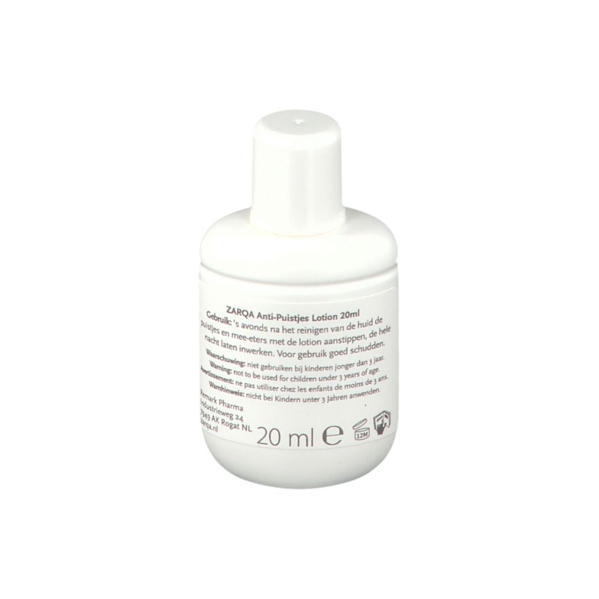Rückseite der weißen Flasche mit ZARQA Anti-Pickel Lotion. Text: ZARQA Anti-Pustjes Lotion 20ml. Gebrauchsanweisung.