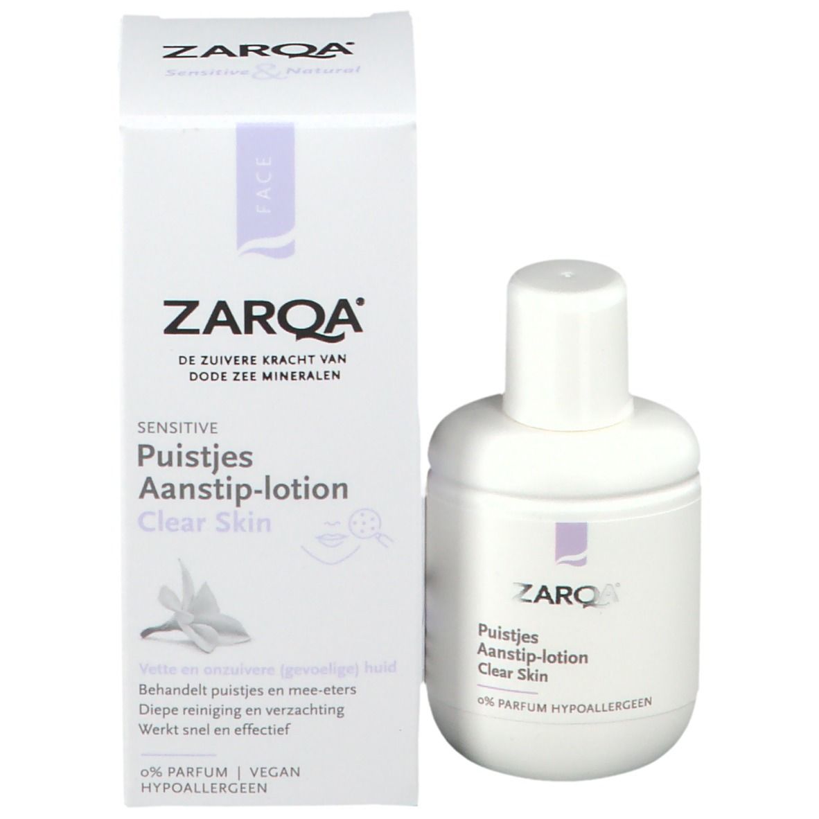 ZARQA Anti-Pickel Lotion und Verpackung. Aufschrift: Pustjes Aanstip-lotion Clear Skin. 0% Parfum. Vegan.