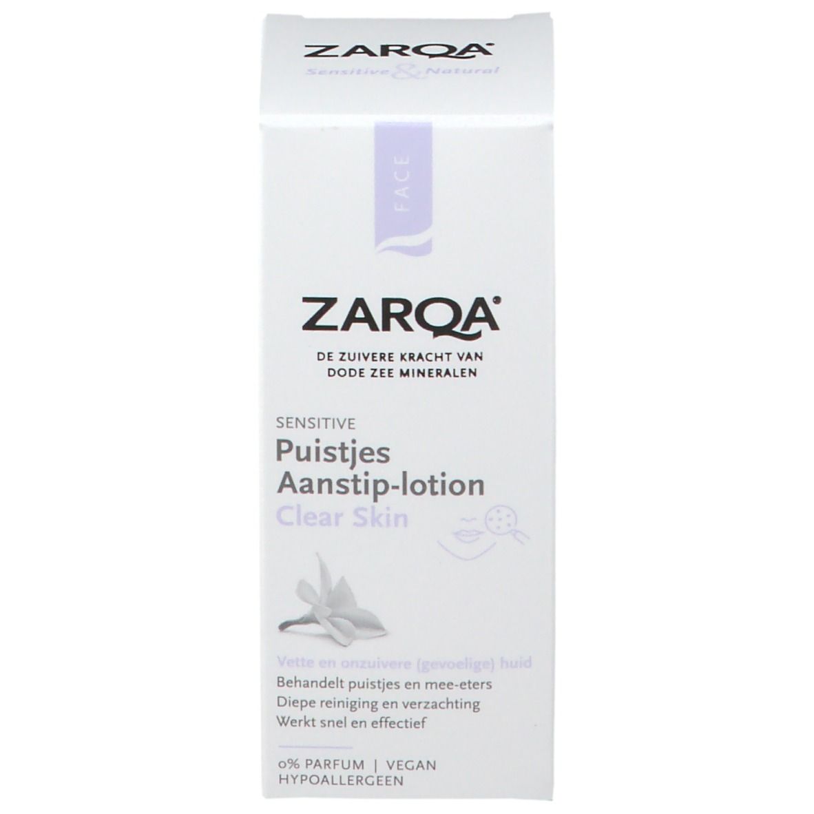 Verpackung ZARQA Anti-Pickel Lotion. Aufschrift: Pustjes Aanstip-lotion Clear Skin. 0% Parfum. Vegan.