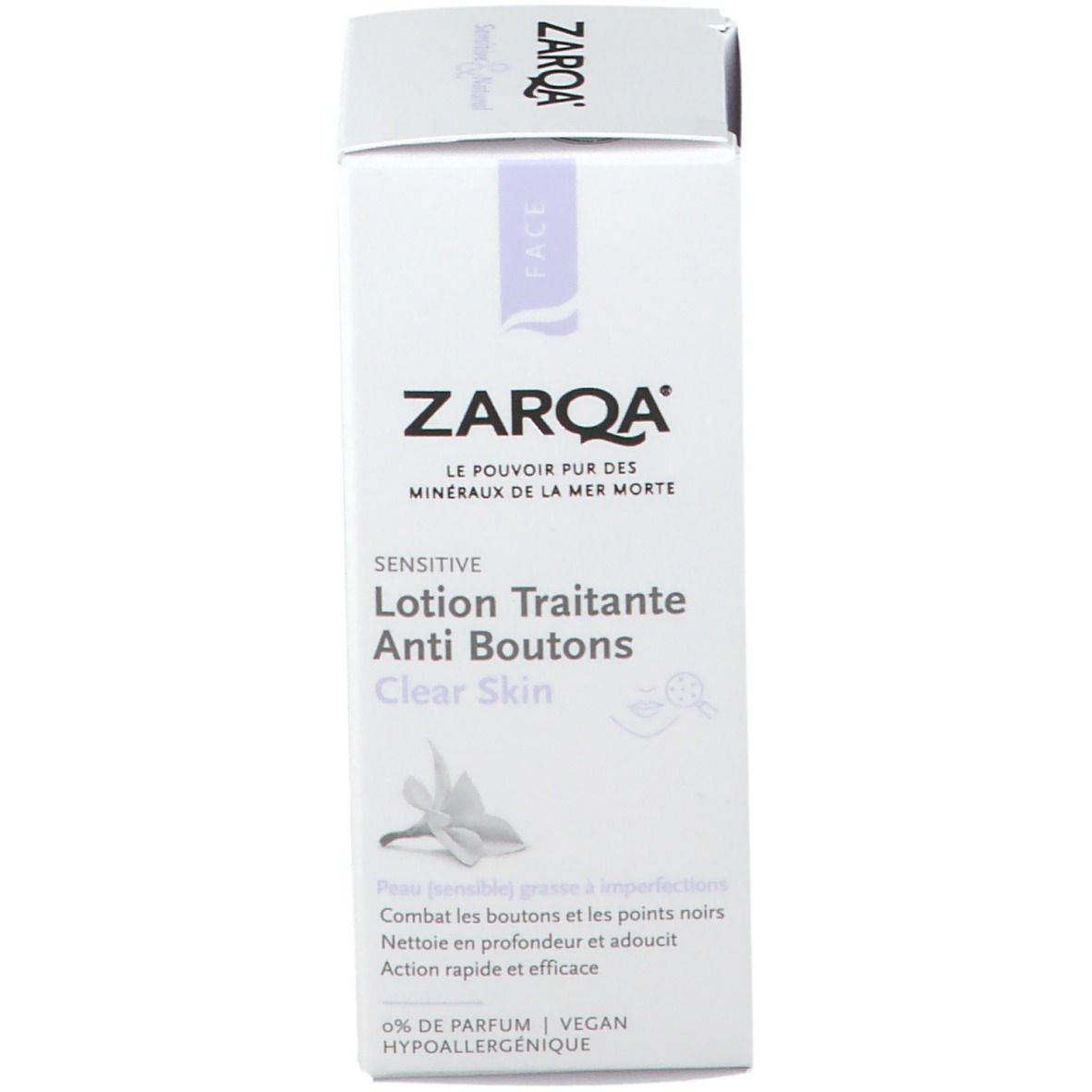 Verpackung ZARQA Lotion Traitante Anti Boutons Clear Skin. 0% Parfum. Vegan. Text: Le pouvoir pur des minéraux de la mer morte.