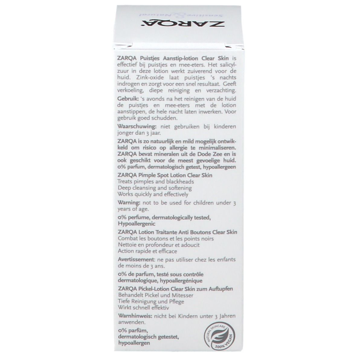 Rückseite der Verpackung ZARQA Anti-Pickel Lotion. Text: ZARQA Pustjes Aanstip-lotion Clear Skin. 0% Parfum, dermatologisch getest.