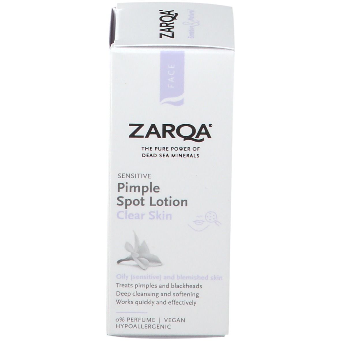 Verpackung ZARQA Pimple Spot Lotion Clear Skin. Text: Oily, blemished skin. 0% Parfum. Hypoallergen.