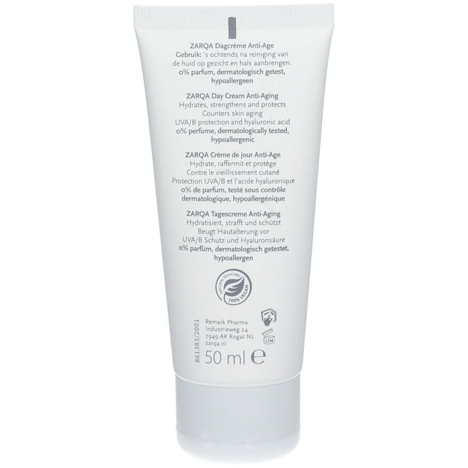 Dos du tube de crème de jour anti-âge ZARQA®. Texte multilingue. 50 ml. Label vegan. Testé dermatologiquement.