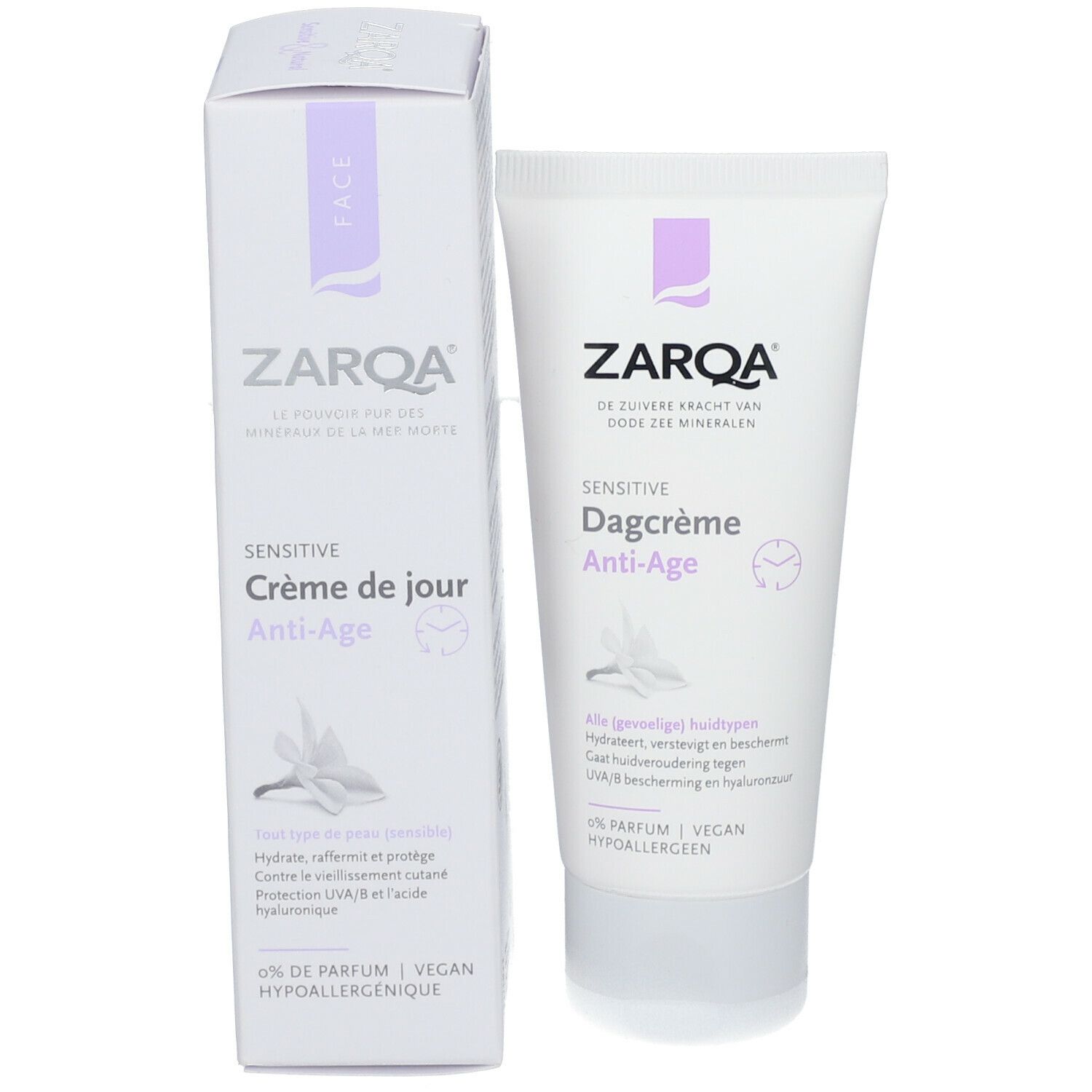 ZARQA® Crème de jour anti-âge et emballage. Tube et boîte. Blanc avec accents violets. Texte: Sensitive, Crème de jour Anti-Âge.