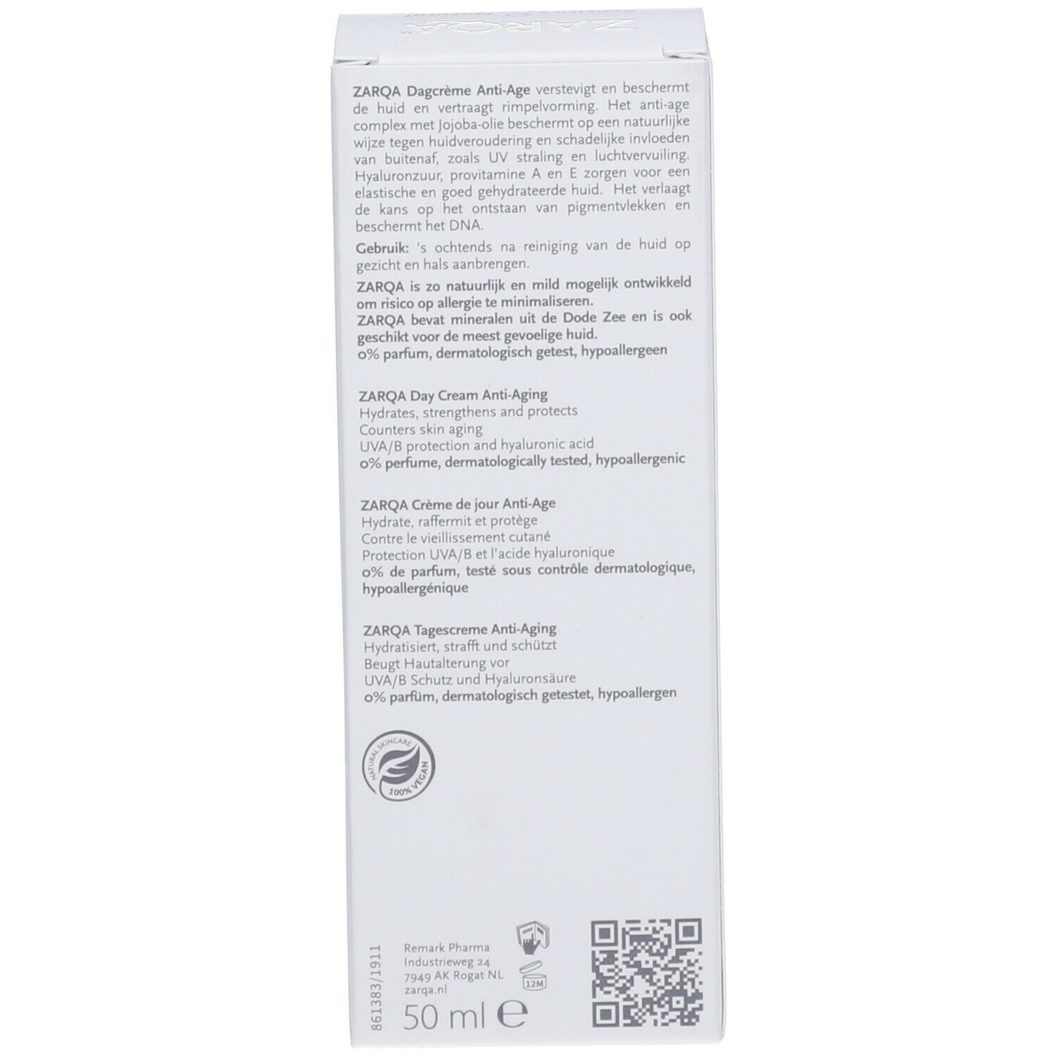 Dos de l'emballage de la crème de jour anti-âge ZARQA®. Texte multilingue. 50 ml. Label vegan. Testé dermatologiquement.