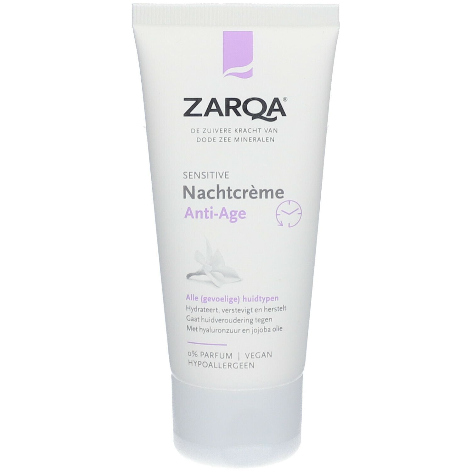 Witte tube ZARQA Sensitive Nachtcrème Anti-Age. Paars logo. Met hyaluronzuur en jojoba-olie. Voor de gevoelige huid.