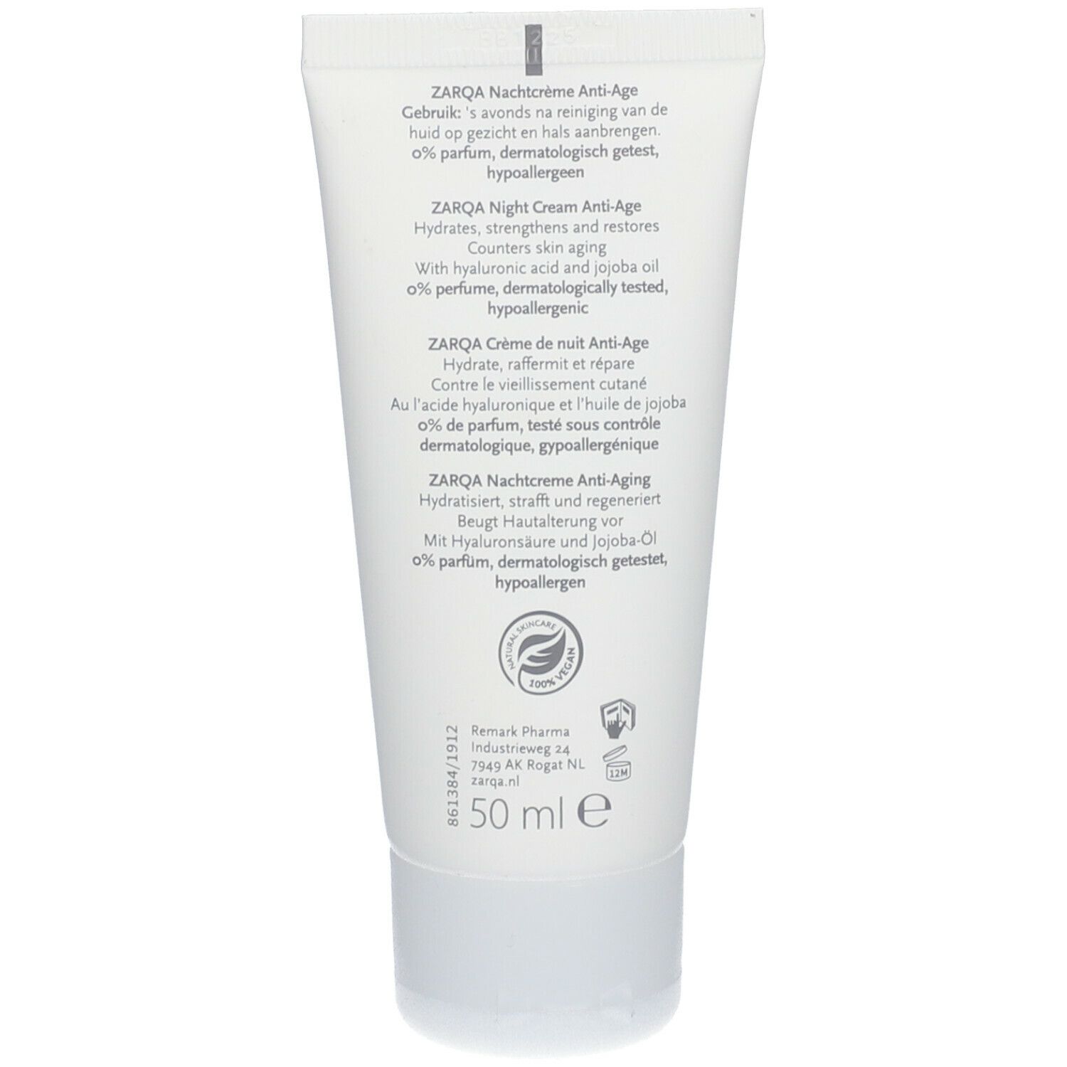 Achterkant ZARQA Sensitive Nachtcrème tube. Meertalige info. Ingrediënten en fabrikant. Vegan keurmerk.