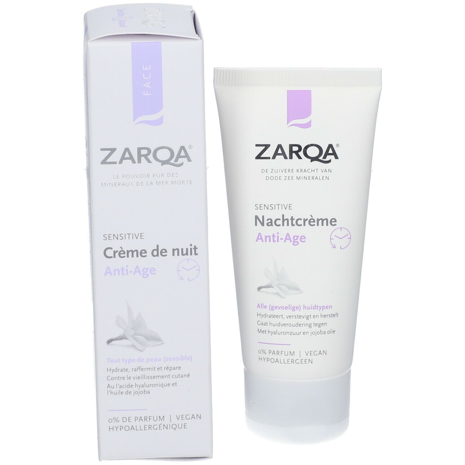 ZARQA Sensitive Nachtcrème Anti-Age met verpakking. Witte tube en doos met paarse accenten. Productnaam duidelijk zichtbaar.