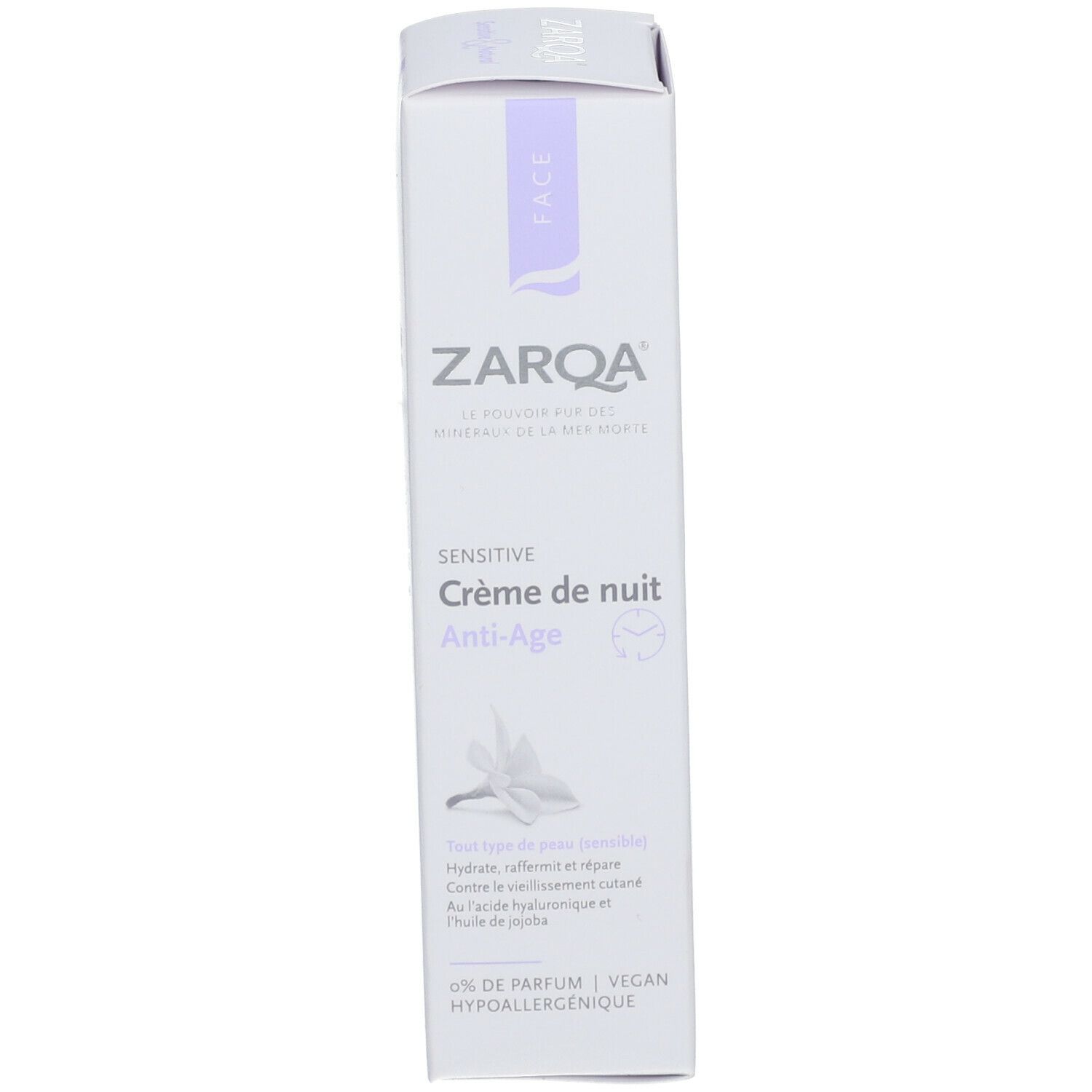ZARQA Sensitive Crème de nuit Anti-Age doos. Witte doos met paarse accenten. Productnaam en logo duidelijk zichtbaar.