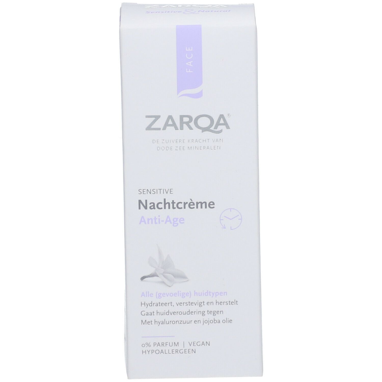 ZARQA Sensitive Nachtcrème Anti-Age doos. Witte doos met paarse accenten. Productnaam en logo duidelijk zichtbaar.