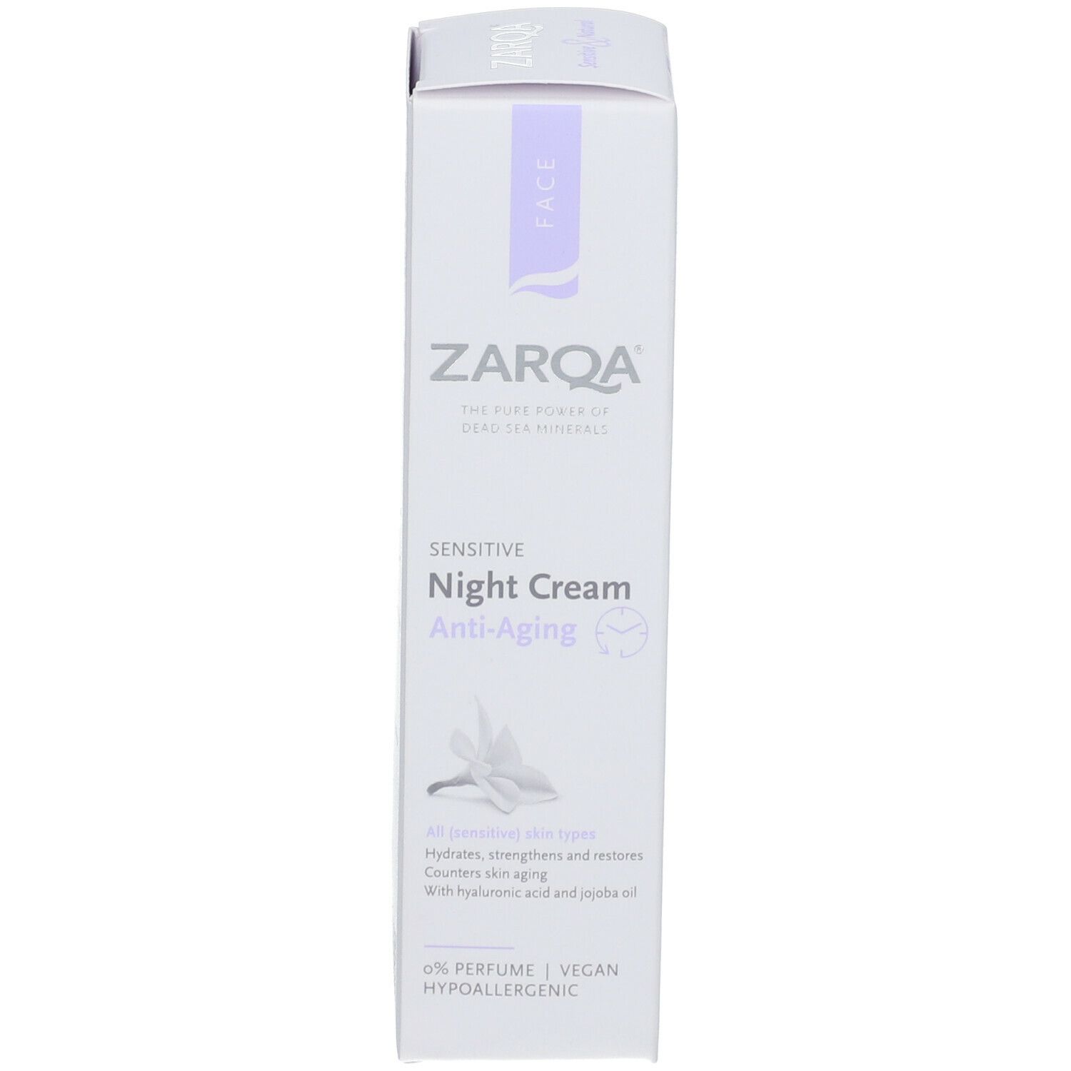 ZARQA Night Cream Anti-Aging doos. Witte doos met paarse accenten. Productnaam en logo duidelijk zichtbaar.