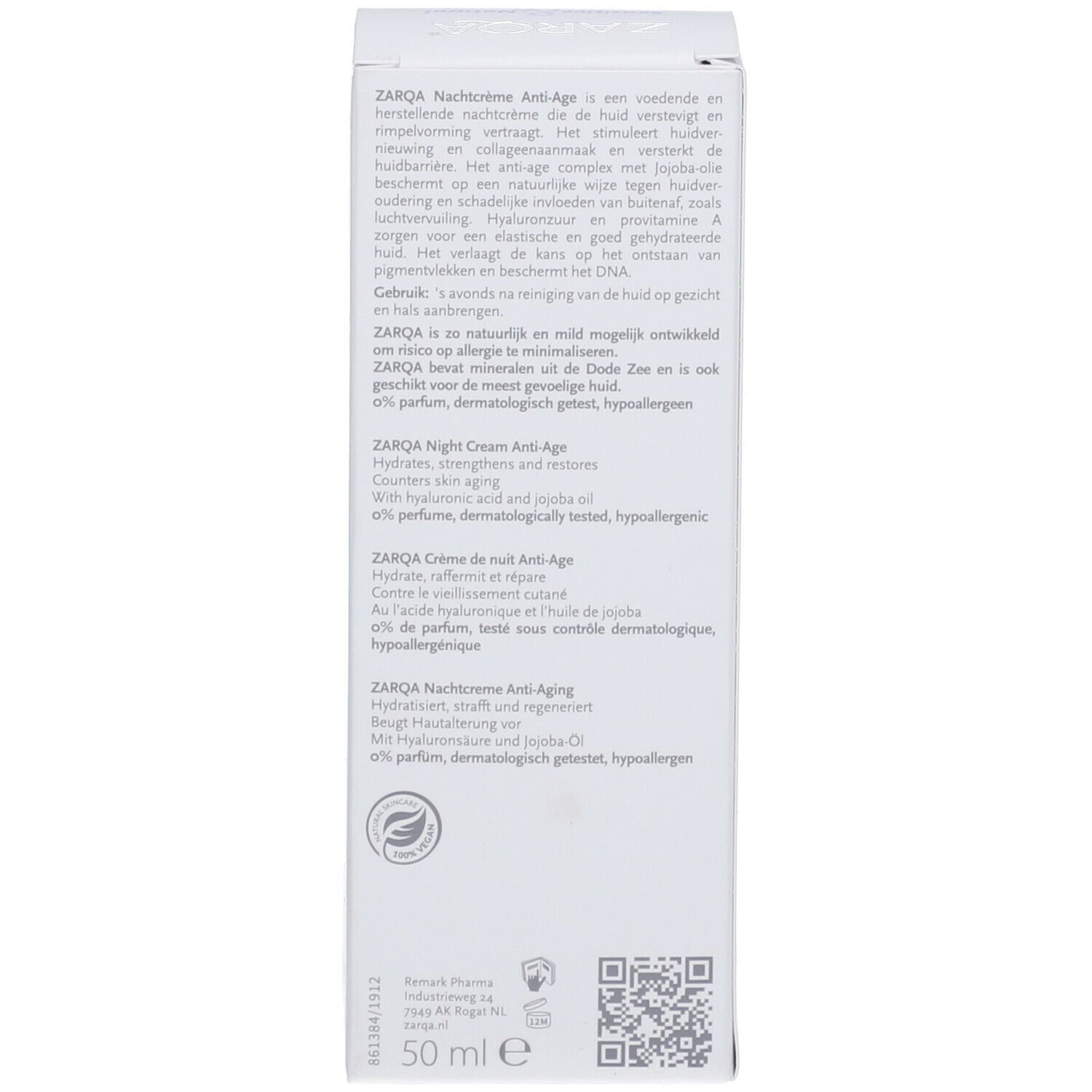 Achterkant ZARQA Nachtcrème Anti-Age doos. Meertalige info. Ingrediënten, fabrikant en vegan keurmerk.