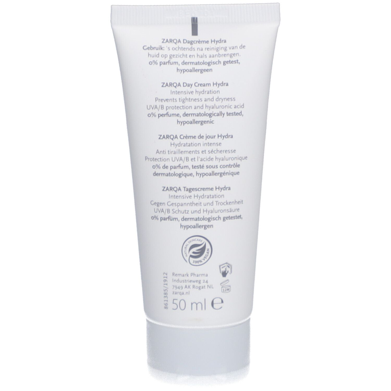 Rückseite einer weißen Tube. Text in mehreren Sprachen: ZARQA Dagcrème Hydra, Day Cream Hydra, Crème de jour Hydra, Tagescreme Hydra.