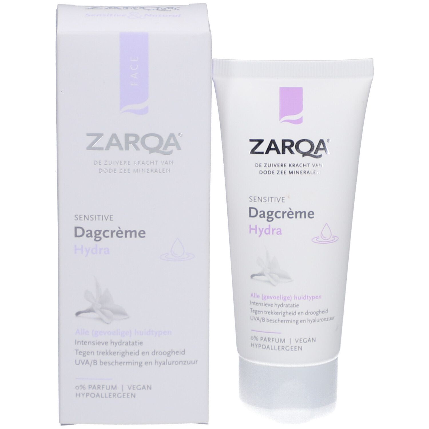 ZARQA-Produkt und Verpackung. Weiße Schachtel und Tube. Auf der Schachtel steht "Sensitive Dagcrème Hydra".