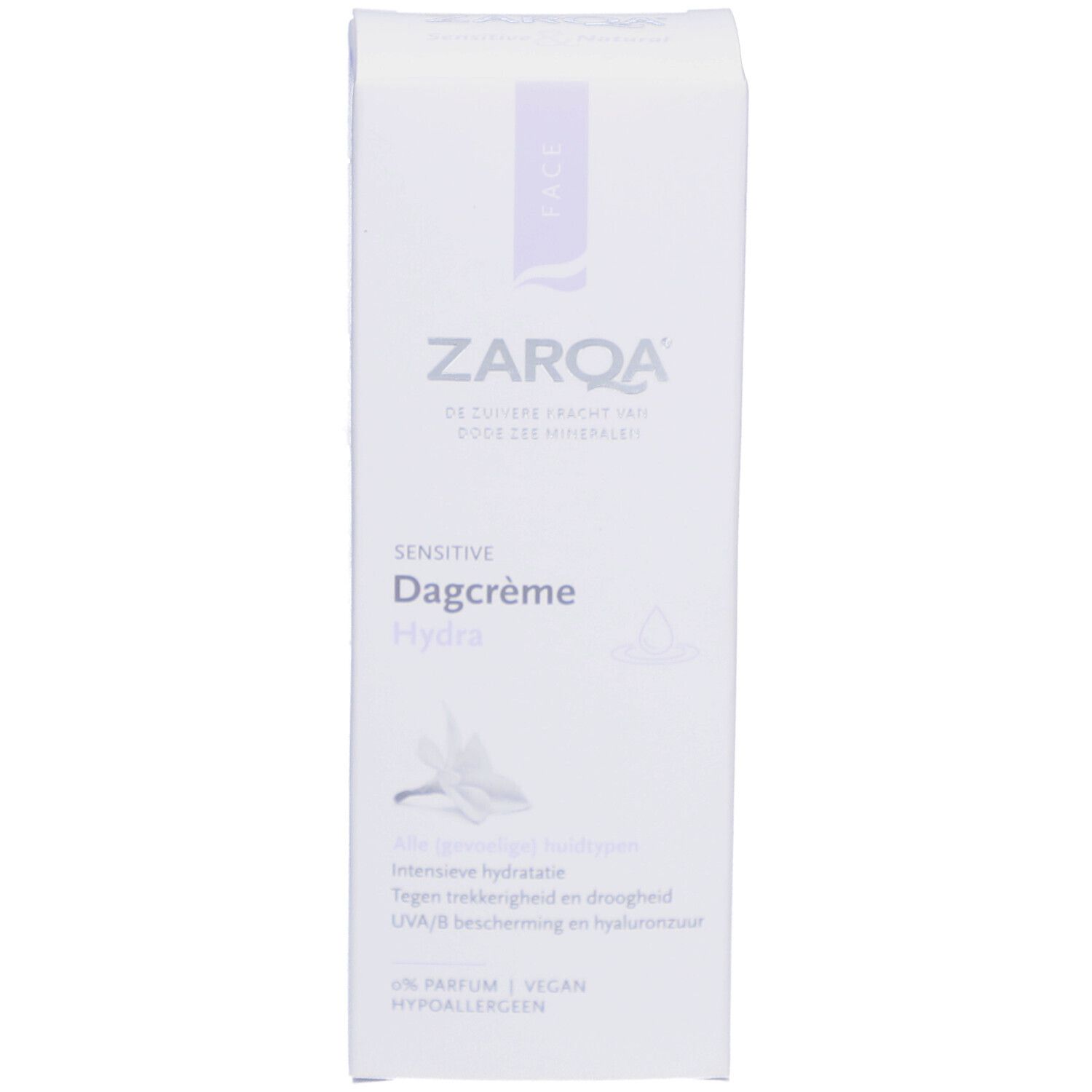 Weiße Schachtel mit ZARQA-Logo und Produktbezeichnung. "Sensitive Dagcrème Hydra" steht auf der Schachtel.