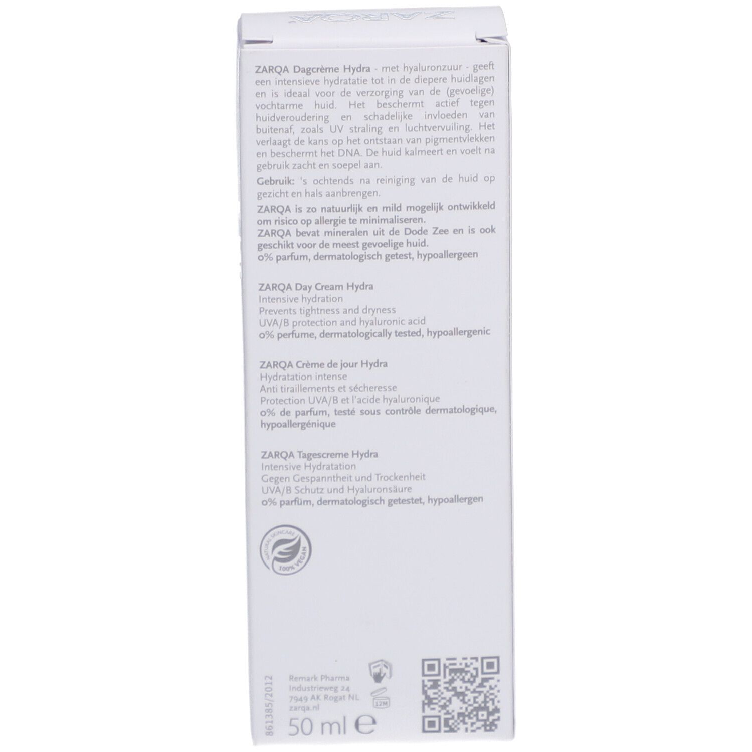 Rückseite einer weißen Schachtel. Text in mehreren Sprachen: ZARQA Dagcrème Hydra, Day Cream Hydra, Crème de jour Hydra, Tagescreme Hydra.