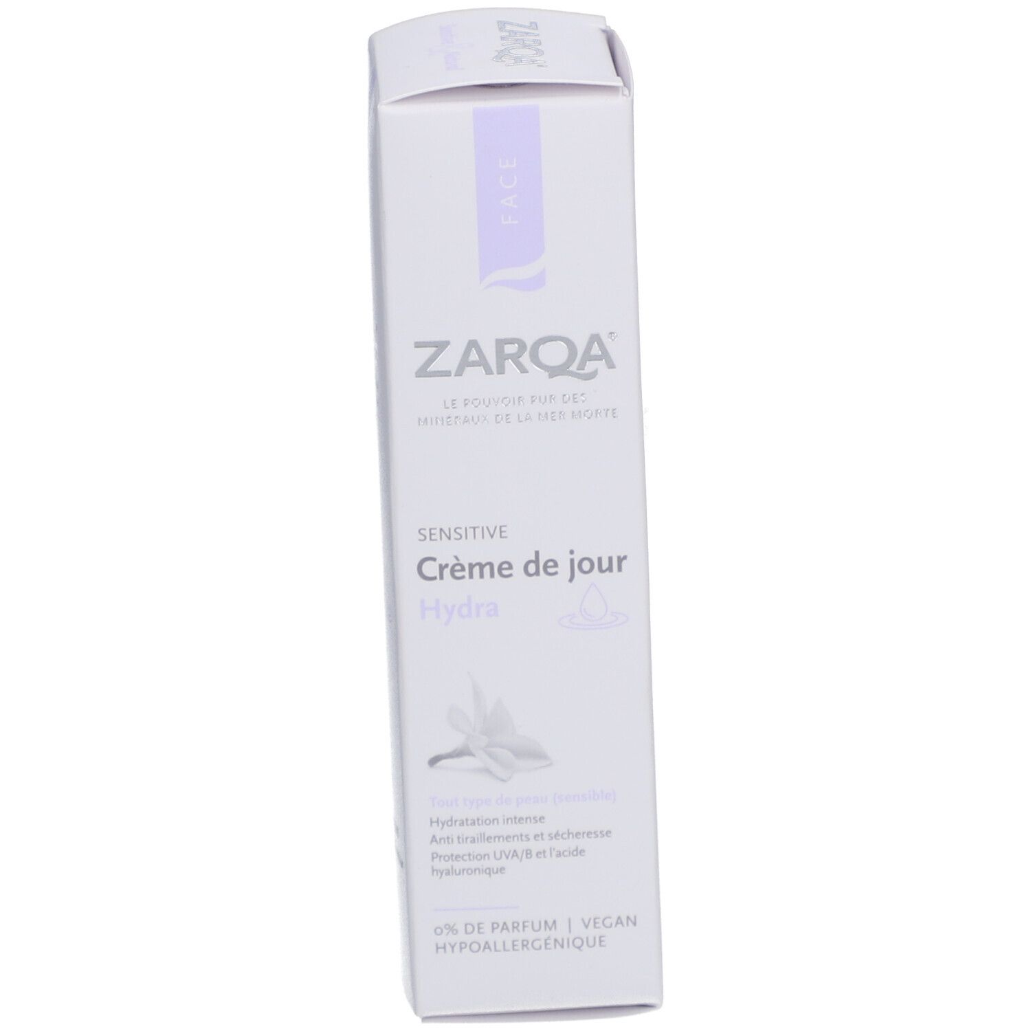 Weiße Schachtel mit ZARQA-Logo und Produktbezeichnung. "Sensitive Crème de jour Hydra" steht auf der Schachtel.