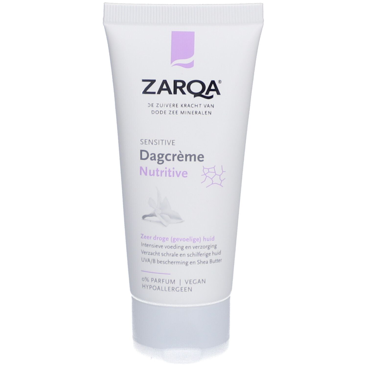 Crème de jour ZARQA Sensitive en tube blanc. Logo et texte lilas. Nom du produit et ingrédients.