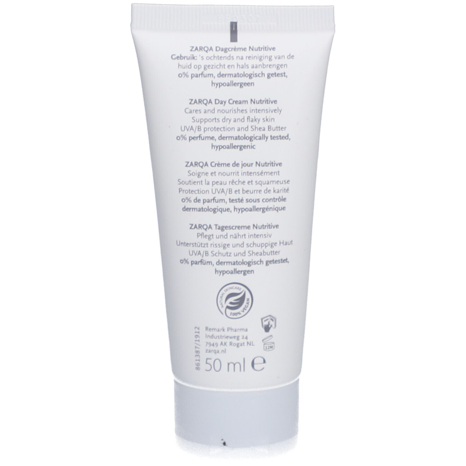 Dos du tube de crème de jour ZARQA Sensitive. Texte multilingue. Ingrédients et informations du fabricant.