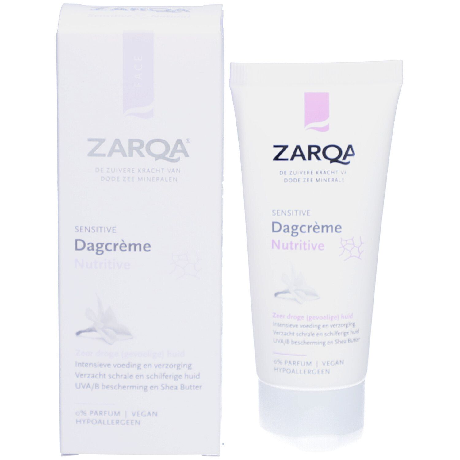Crème de jour ZARQA Sensitive, tube et emballage côte à côte. Blanc avec accents lilas. Nom du produit et logo.