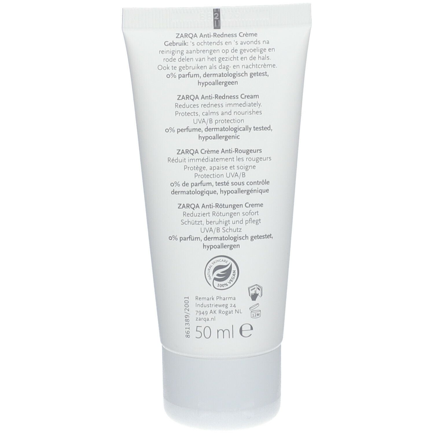 Achterkant ZARQA Anti-Roodheid Crème. Tekst in Duits, Engels, Frans. 50 ml. Vegan logo. Dermatologisch getest.