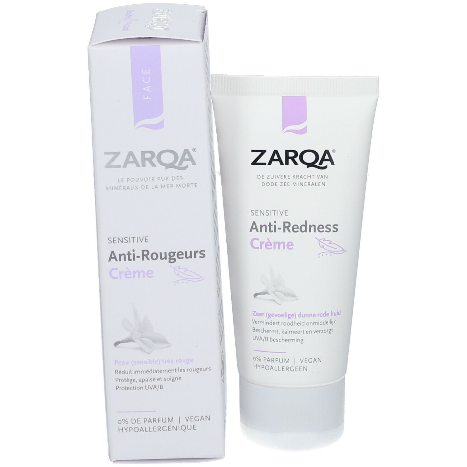 ZARQA Sensitive Anti-Rougeurs Crème en verpakking. Witte tube en doos. Tekst: Sensitive, Anti-Rougeurs Crème. Vegan.
