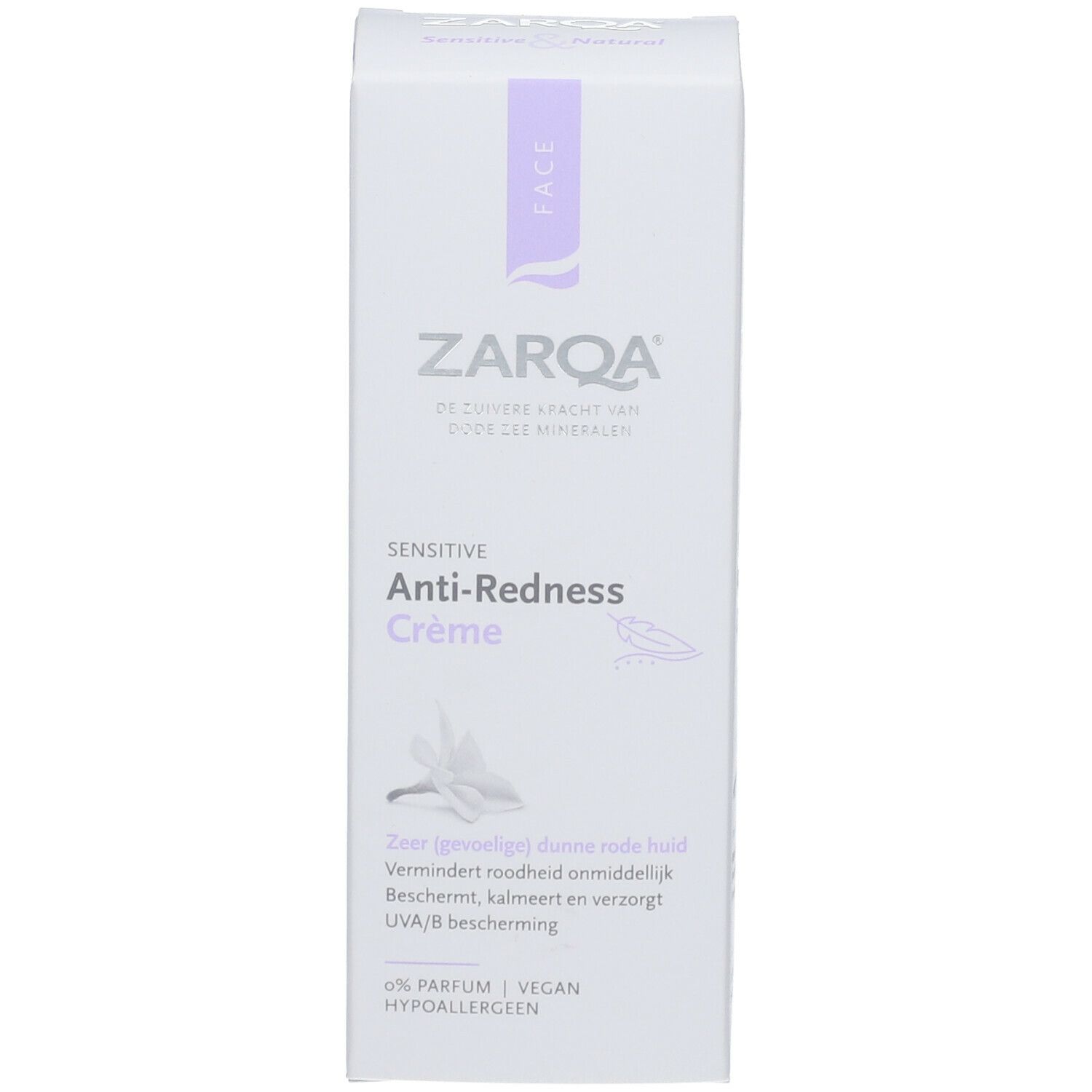ZARQA Sensitive Anti-Redness Crème verpakking. Witte doos met paarse accenten. Tekst: Sensitive, Anti-Redness Crème. Vegan.