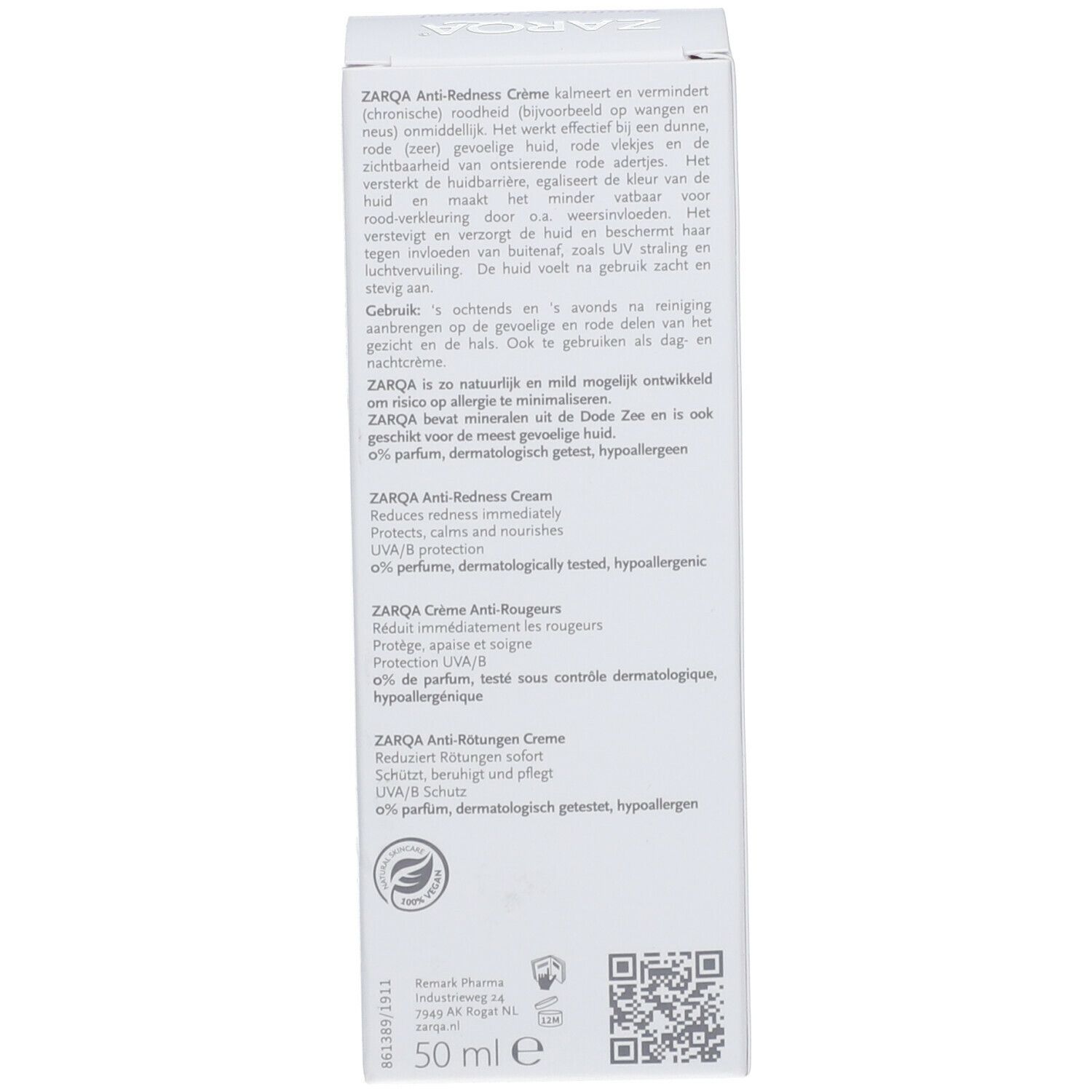 Achterkant ZARQA Anti-Roodheid Crème verpakking. Tekst in Duits, Engels, Frans. 50 ml. Vegan logo.