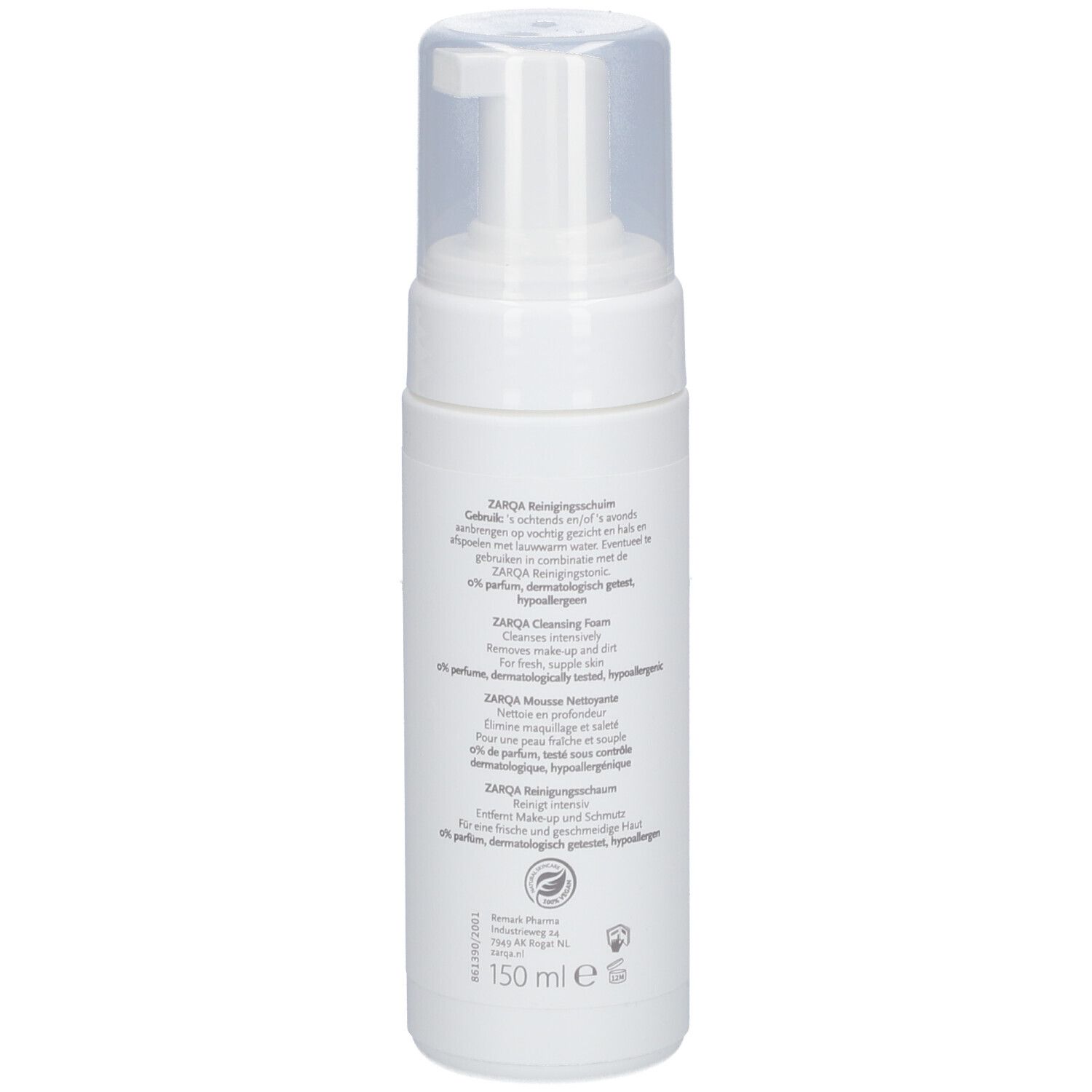 Weiße Flasche mit Pumpverschluss. Text auf der Rückseite. 150 ml. Vegan, parfümfrei.
