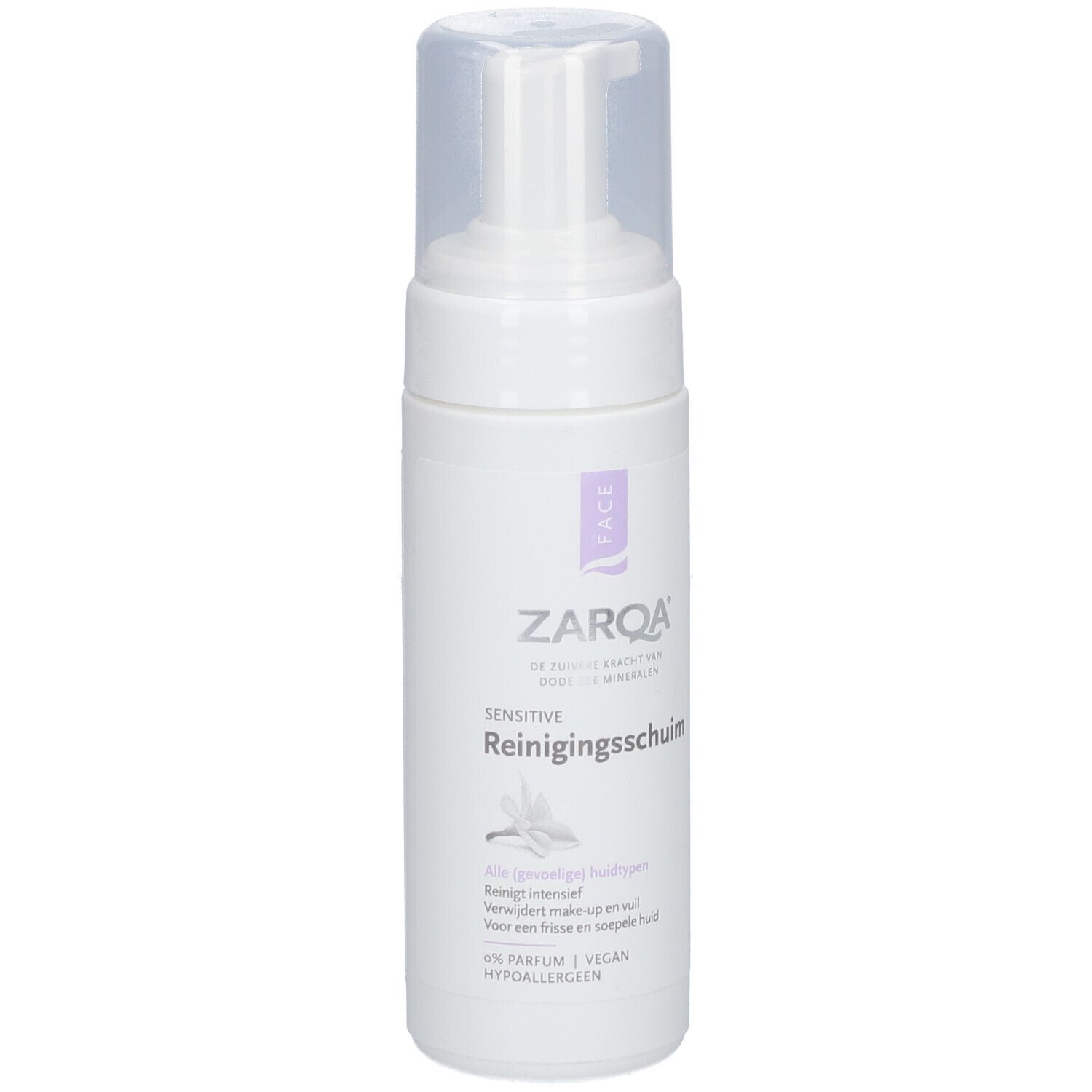 Weiße Flasche mit Pumpverschluss. Aufschrift: ZARQA Sensitive Reinigungsschaum. Vegan, parfümfrei.