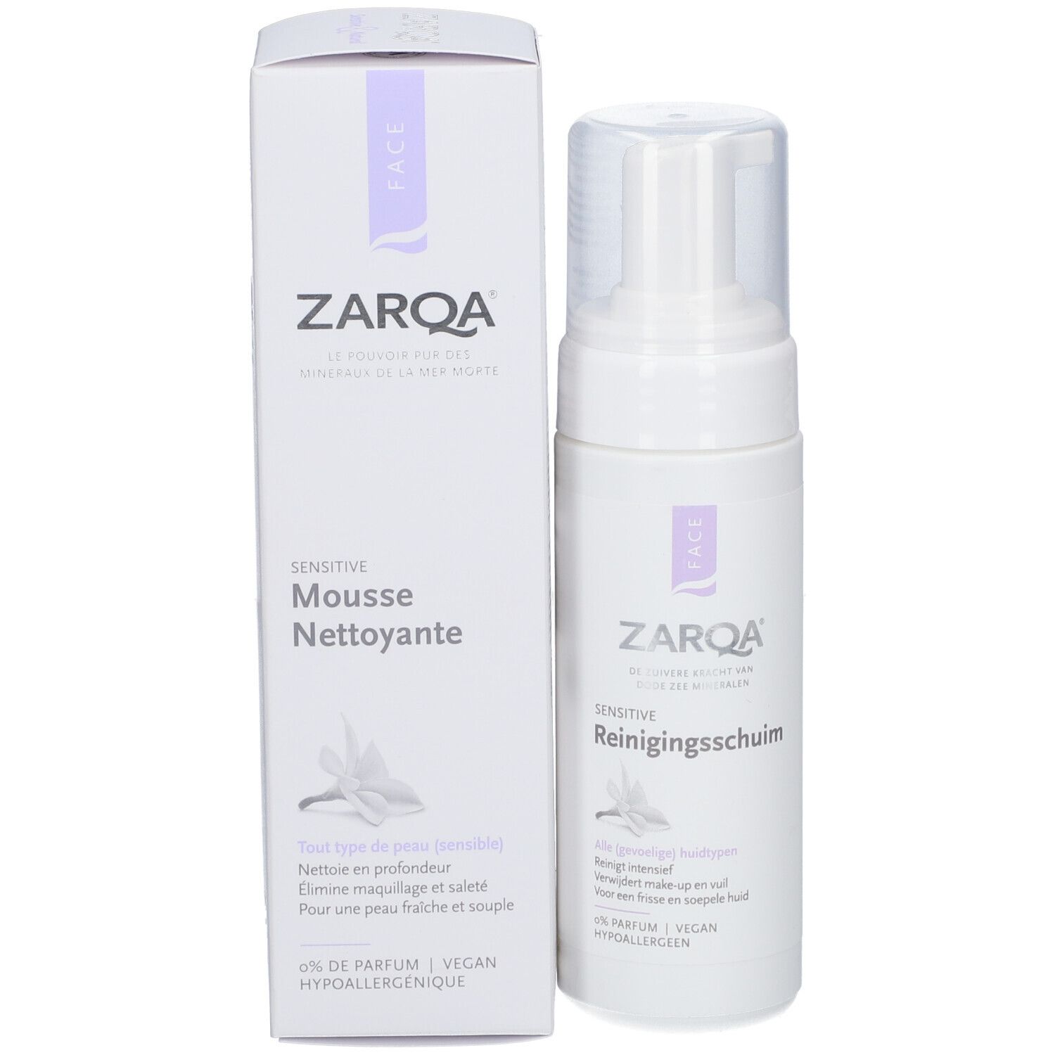 ZARQA Sensitive Reinigungsschaum und Verpackung. Aufschrift: Sensitive Mousse Nettoyante. Vegan, parfümfrei.