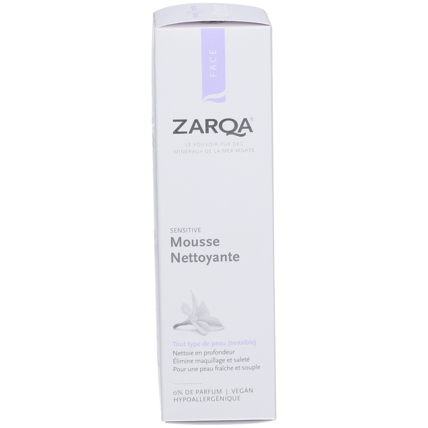 Verpackung mit Aufschrift: ZARQA Sensitive Mousse Nettoyante. Vegan, parfümfrei.