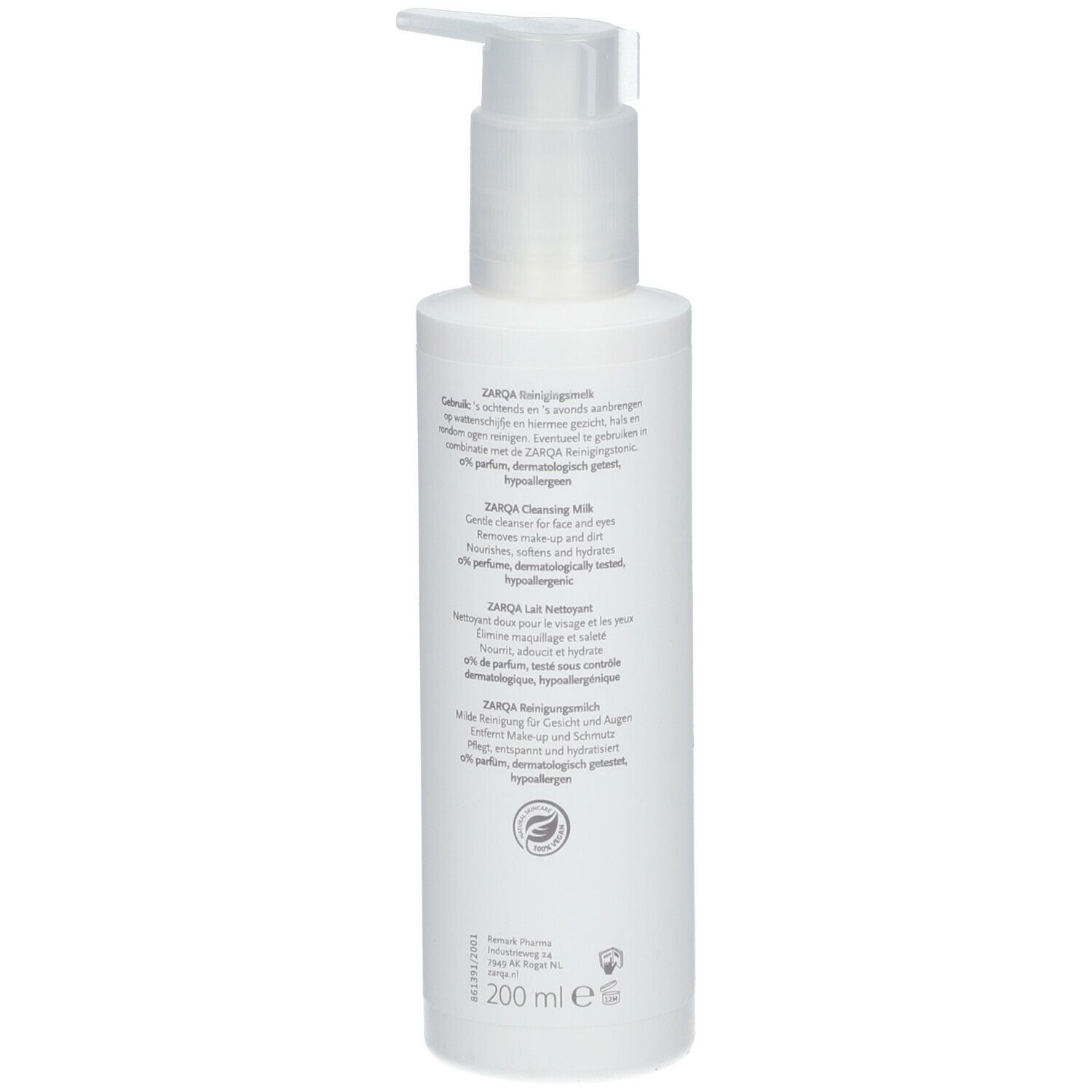 Witte fles met pomp. Achterkant met tekst. Opschrift: ZARQA Reinigungsmilch, 200 ml.