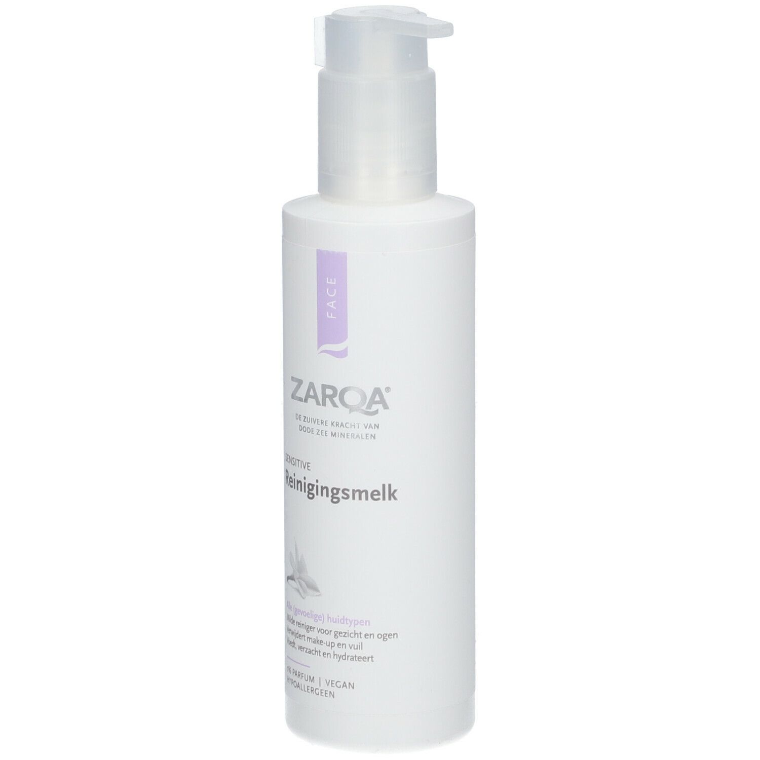 Witte fles met pomp. Opschrift: ZARQA Sensitive Reinigungsmilch. Met paarse accenten.
