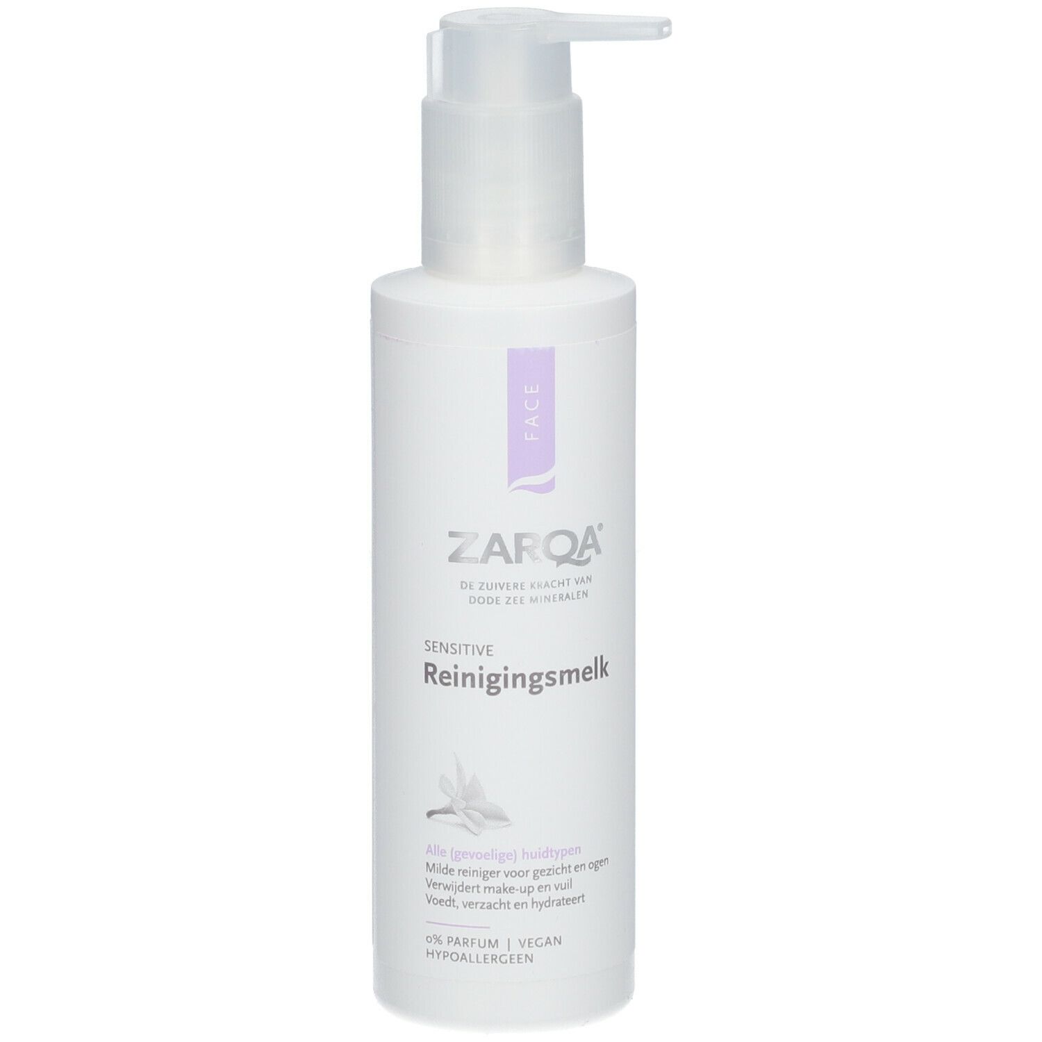 Witte fles met pomp. Opschrift: ZARQA Sensitive Reinigungsmilch. Met paarse accenten.