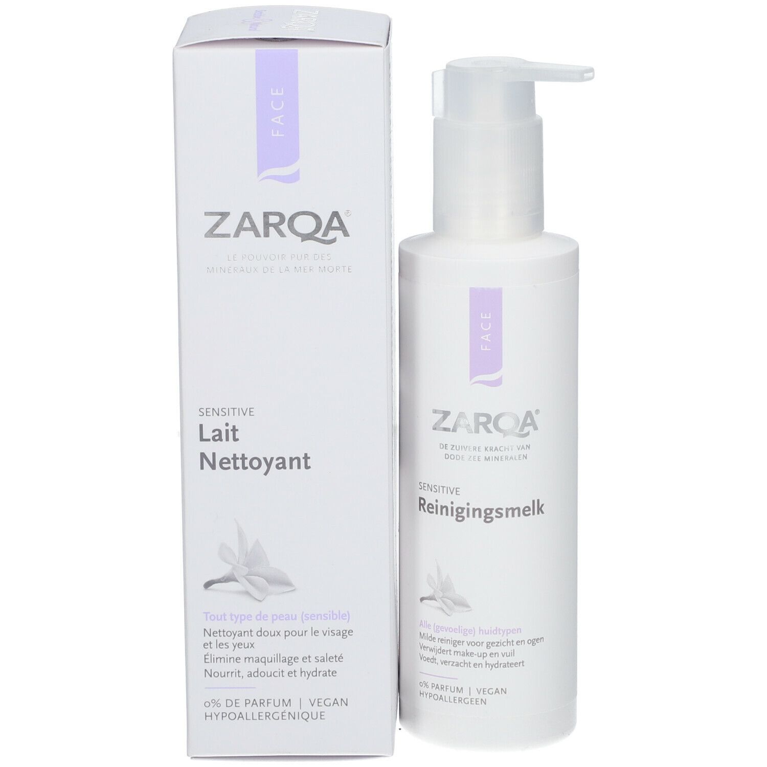 Product en verpakking. Witte fles met pomp en doos. Opschrift: ZARQA Sensitive Lait Nettoyant.