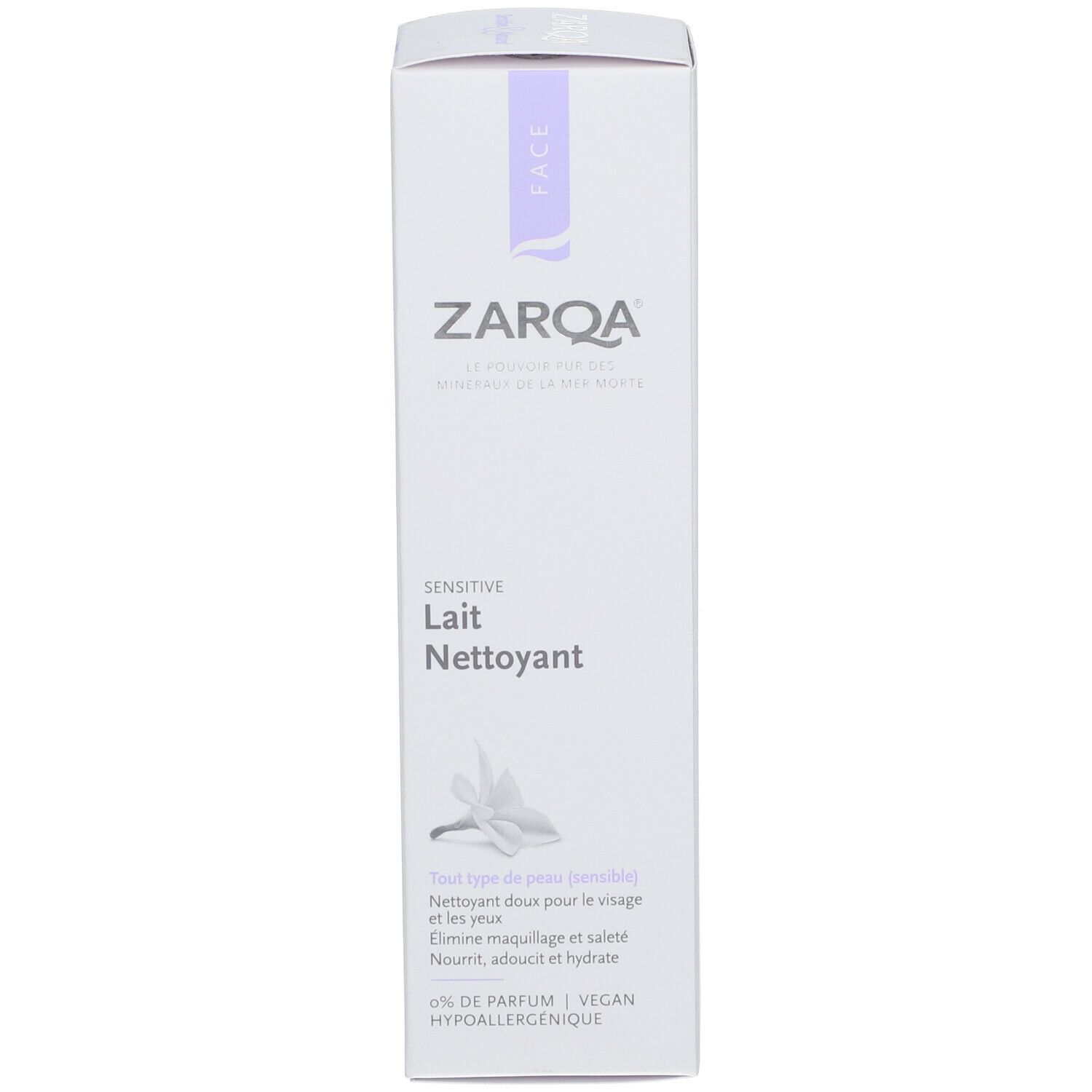 Kartonnen verpakking. Opschrift: ZARQA Sensitive Lait Nettoyant. Met paarse accenten.