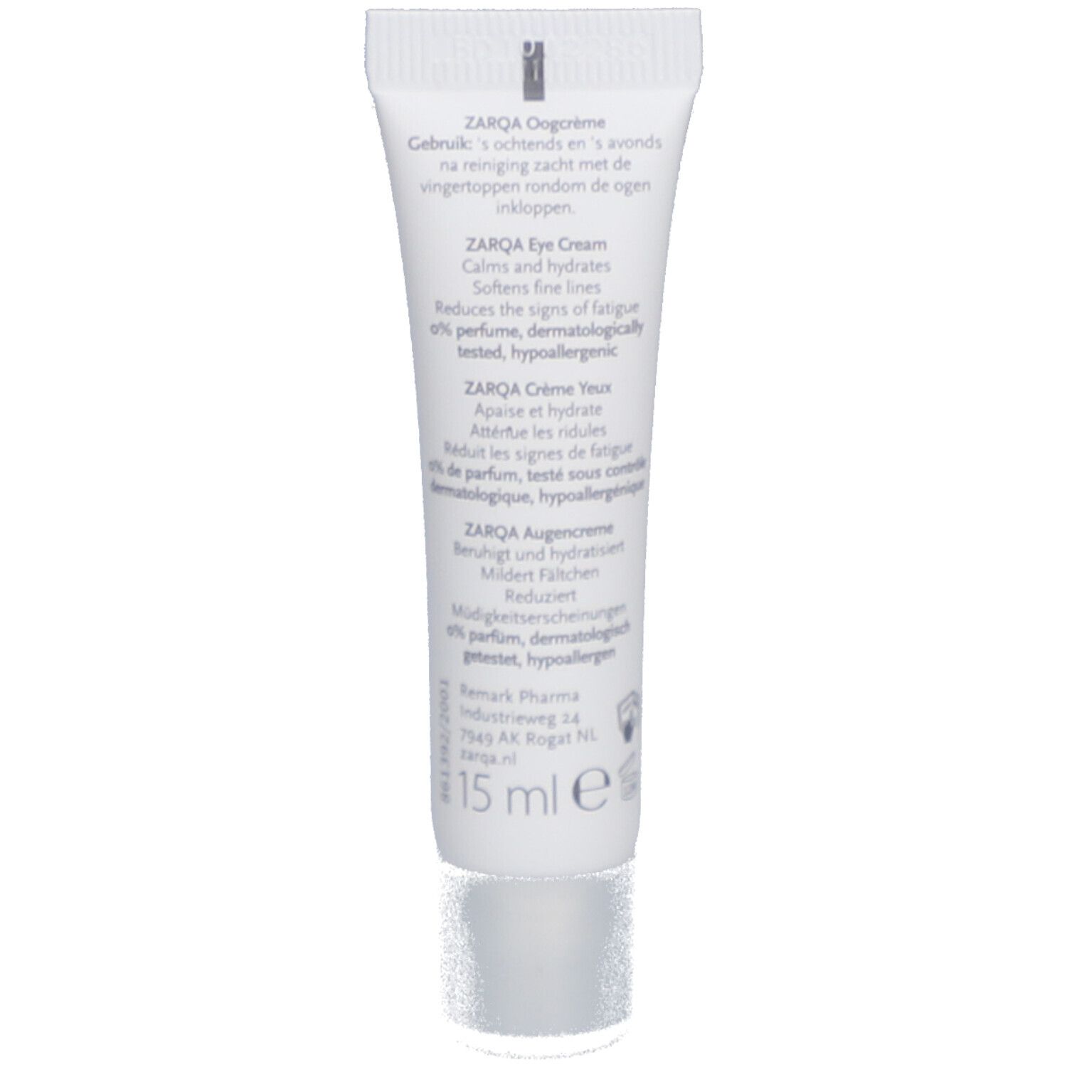 Rückseite der ZARQA Sensitive Augencreme Tube. Text in mehreren Sprachen, 15 ml. Marke und Logo oben.