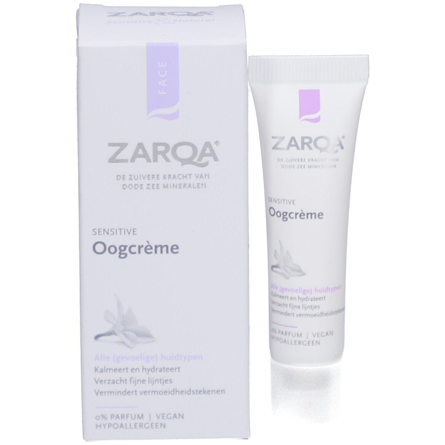 ZARQA Sensitive Augencreme und Verpackung. Weiß mit lila Akzenten. Text: Sensitive Oogcrème, für empfindliche Haut.