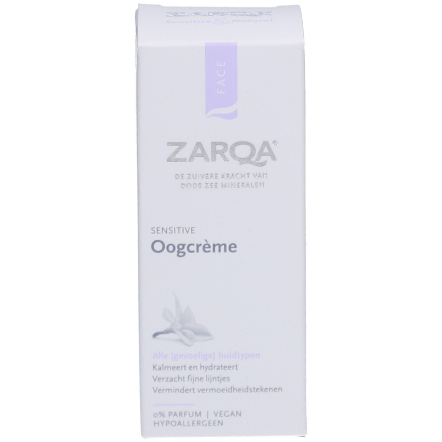ZARQA Sensitive Augencreme Verpackung. Weiß mit lila Akzenten. Text: Sensitive Oogcrème, für empfindliche Haut.
